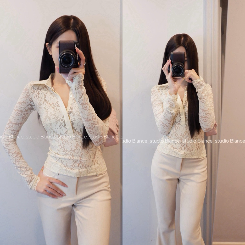 BLANCE STUDIO/ Áo ren polo dài tay mềm và quần kaki dáng loe