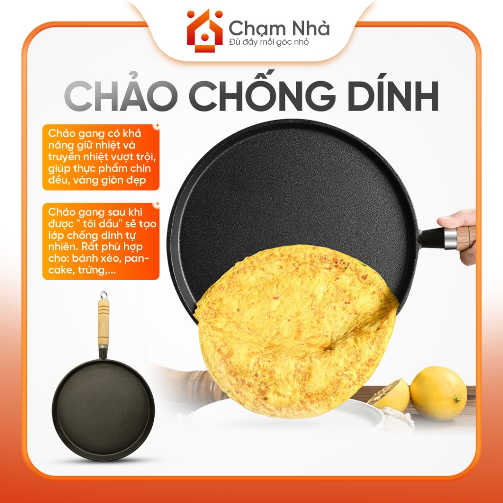 Chạm Nhà Chảo Gang Chống Dính, Đổ Bánh Xèo Chống Dính Size 20/26cm, Giữ Nhiệt Tốt Dùng Bếp Từ, Gas