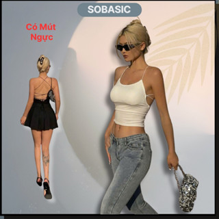  Áo kiểu yếm hở lưng ôm body sexy có mút ngực Sobasic croptop khoe phần xương quay xanh gợi cảm 