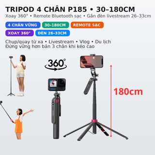  Gậy chụp ảnh 4 chân P185,Tripod điện thoại livestream - quay phim -kéo dài 180cm - có remote 