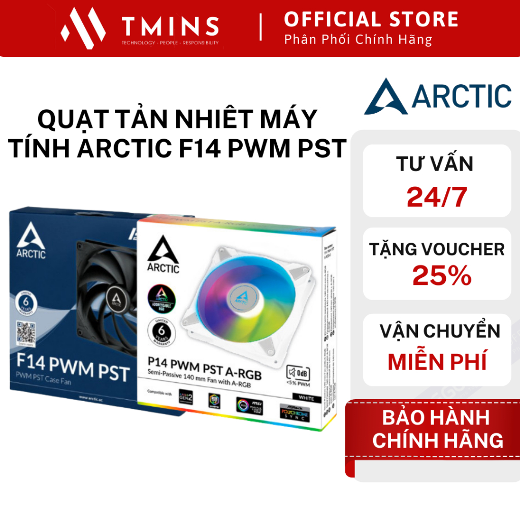Quạt tản nhiêt máy tính Arctic F14 PWM PST Black, White RGB, Hiệu suất cao - Hàng chính hãng