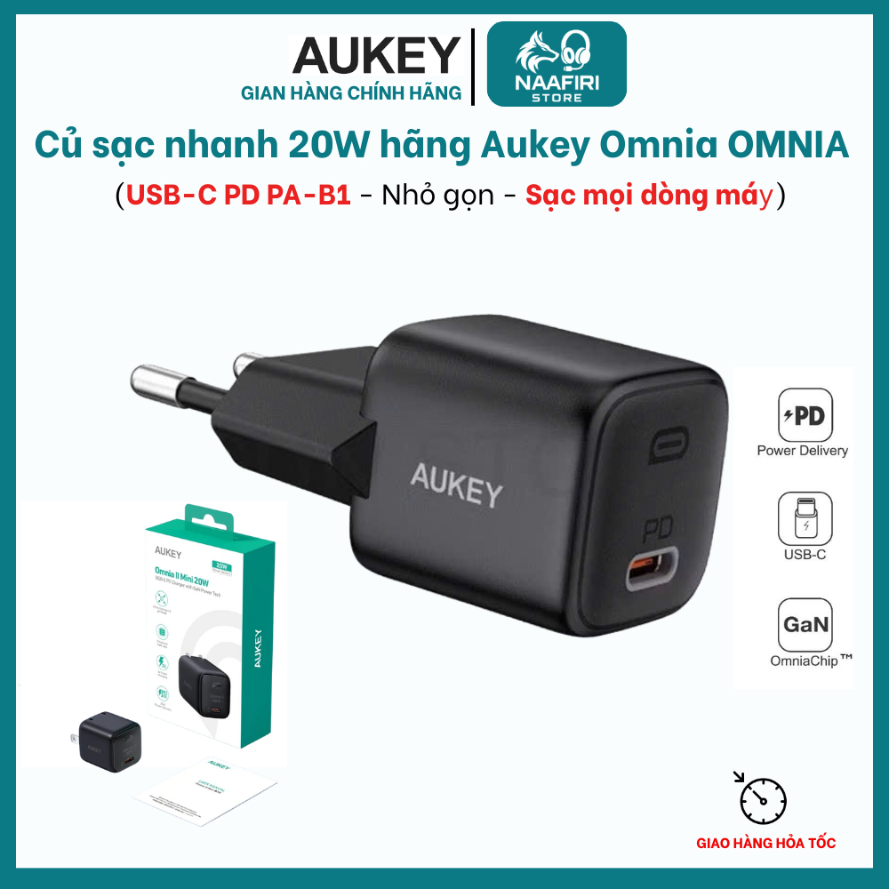 Củ sạc nhanh 20W hãng Aukey Omnia OMNIA USB-C PD PA-B1 - Nhỏ gọn - Sạc mọi dòng máy