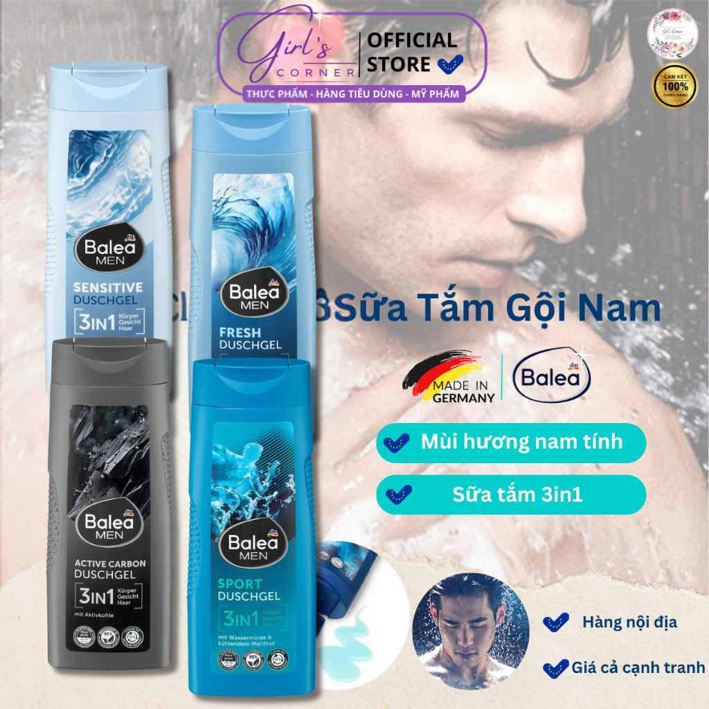 Sữa tắm Balea Men Đức 3in1, Sữa rửa mặt Balea Men FRESH & ACTIVE CARBON [Đức] [Khuyến Mại]