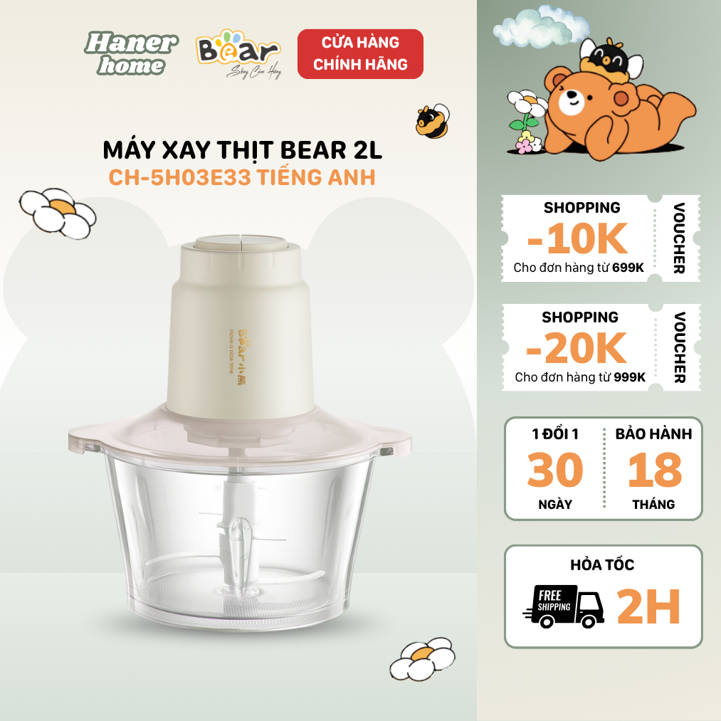 Máy Xay Thịt Bear 1.8L Đa Năng Xay Thịt Tỏi Ớt Đồ Ăn Dặm Cho Bé Nhuyễn Mịn Công Suất 300W CH-5H03E33