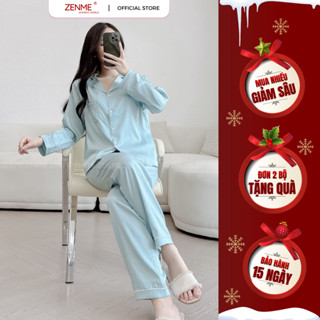  Bộ Đồ Ngủ Pijama nữ ZENME Tay Ngắn Quần Dài Lụa Vân Gỗ Ánh Kim PJDD0824 
