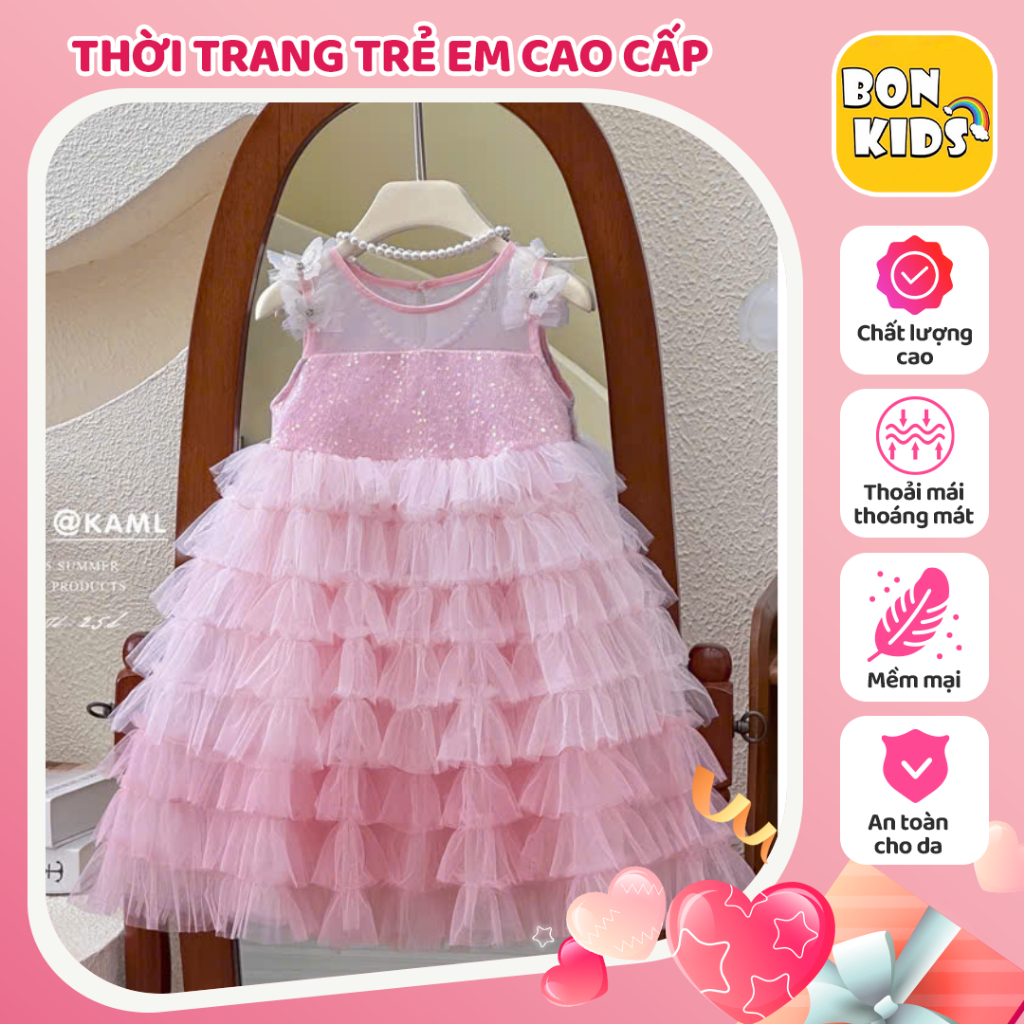 Váy Đầm Công Chúa Màu Hồng Tầng Đính Cánh Bướm Vai BonKids Váy Voan Xoè Cho Bé Gái