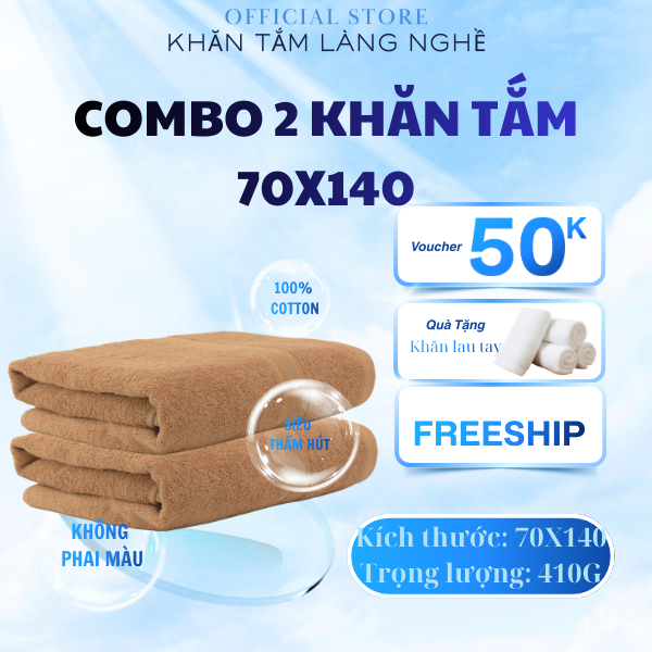Combo 2 Khăn Tắm Cỡ Lớn 70x140cm 100% Cotton, Mềm Mịn, Siêu Thấm Hút, Dùng Khách Sạn Gym Spa