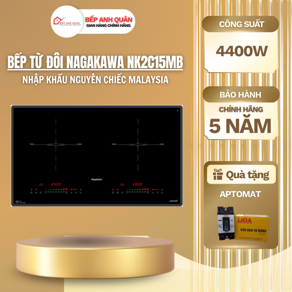 Bếp đôi điện từ cao cấp Nagakawa NK2C15MB | Bếp từ đôi Malaysia | Hệ điều hành Dual Core | BH 5 năm