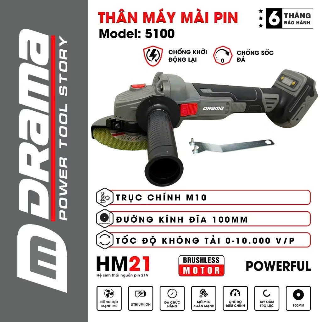 Máy mài pin DRAMA 5100 Không Chổi Than Chống sốc đá Chống khới động lại Công tắc đẩy