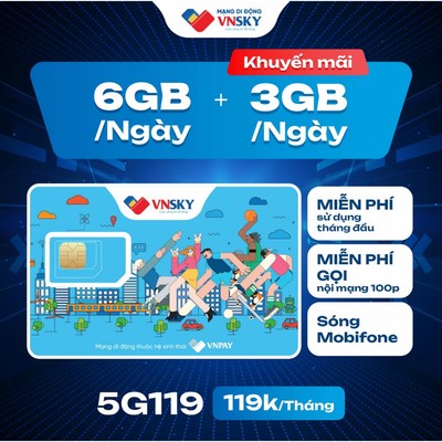 SIM 5G VNSKY 5G119 Data 9GB/Ngày (270GB/Tháng) + FREE 100 Phút Gọi Nội Mạng & Mobi. Dùng Sóng MobiFone Trên Toàn Quốc