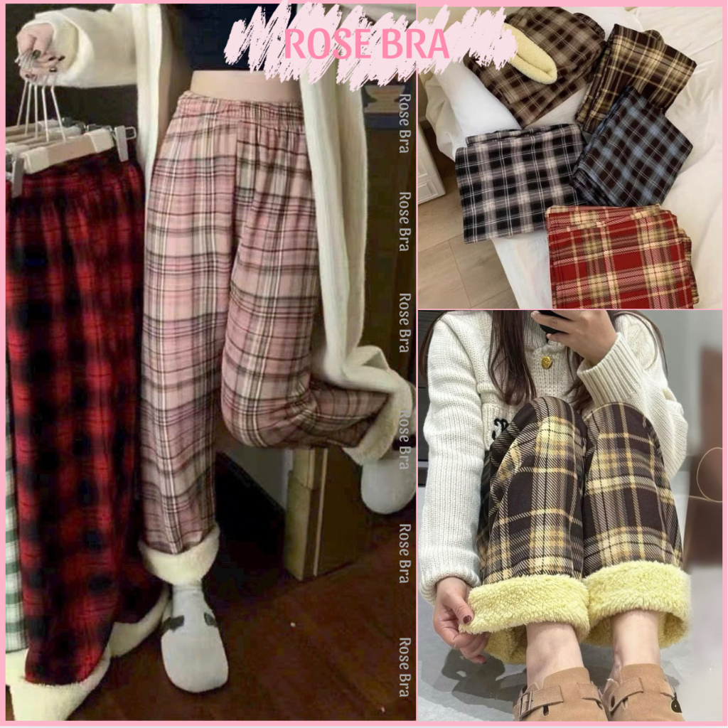 [Đủ Màu] Quần Kẻ Lót Lông Nhiều Màu, Quần Ca Rô Nữ Ống Rộng Lót Lông Dáng Suông Giữ Nhiệt Mùa Đông Kẻ Sọc Cực Xinh [Q16]
