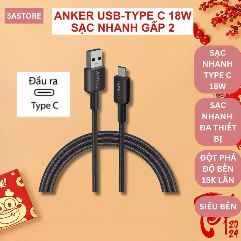 Dây sạc nhanh dù USB to Type C ANKER A81H5 A81H6 cho Samsung Androi 15W -  dài 0.9 Mét 1.8 Mét 3astore
