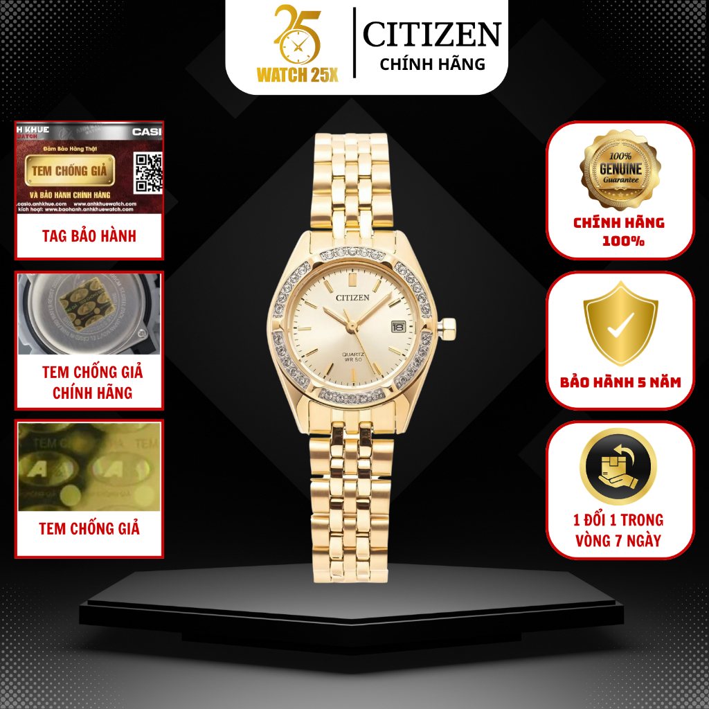 Đồng Hồ Pin Nữ Citizen EU6062-50P Watch25x Mạ Vàng Bền Màu Dây Kim Loại Kháng Nước 5ATM Mặt Xà Cừ