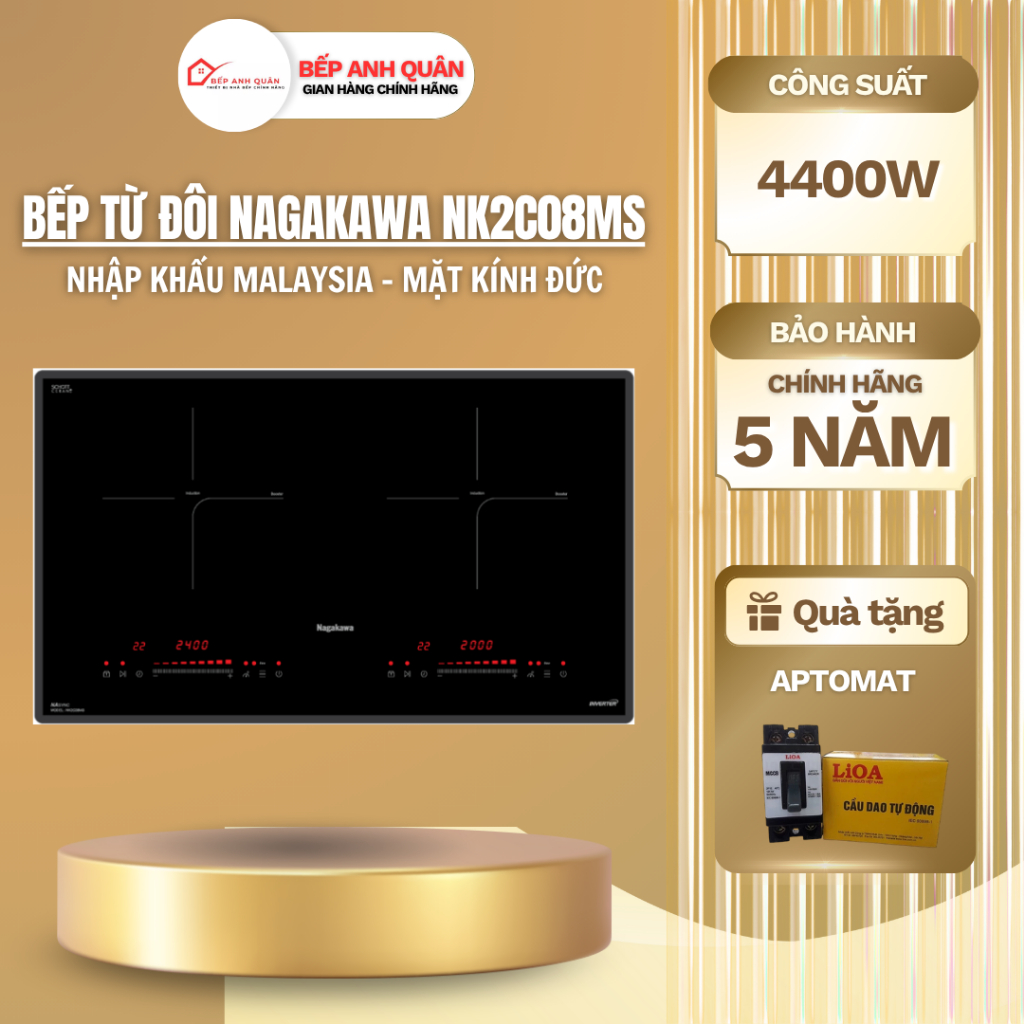 Bếp đôi điện từ Nagakawa NK2C08MS | Nhập khẩu Malaysia | Mặt kính ĐỨC | BH tại nhà 5 năm