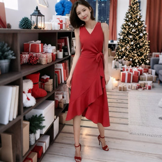 Đầm noel, váy tết màu đỏ bèo lai form dài (kèm hình thật)