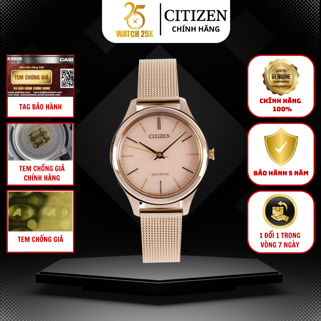 Đồng Hồ Nữ Citizen Eco Drive EM0503-83X Watch25x Pin Vĩnh Cửu Dây Mesh Vàng Hồng Phong Cách Modern C