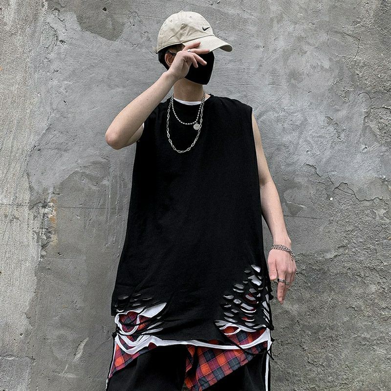 (Sẵn đen, trắng) Áo tanktop 95% cotton rách gấu tạo layer đen trắng - Áo ba lỗ bóng rổ unisex nam nữ