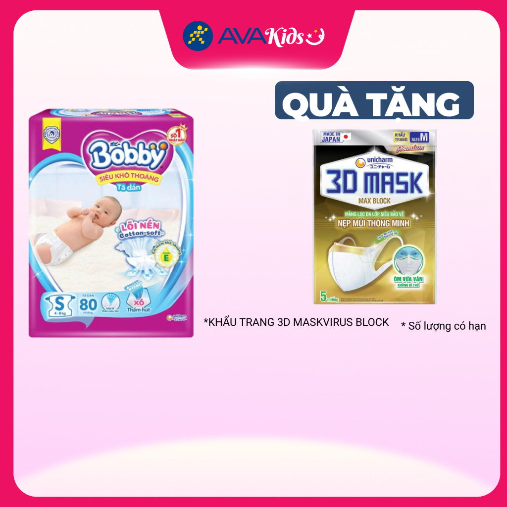 Tã dán Bobby size S 80 miếng (4 - 8 kg) Thấm hút mồ hôi tốt