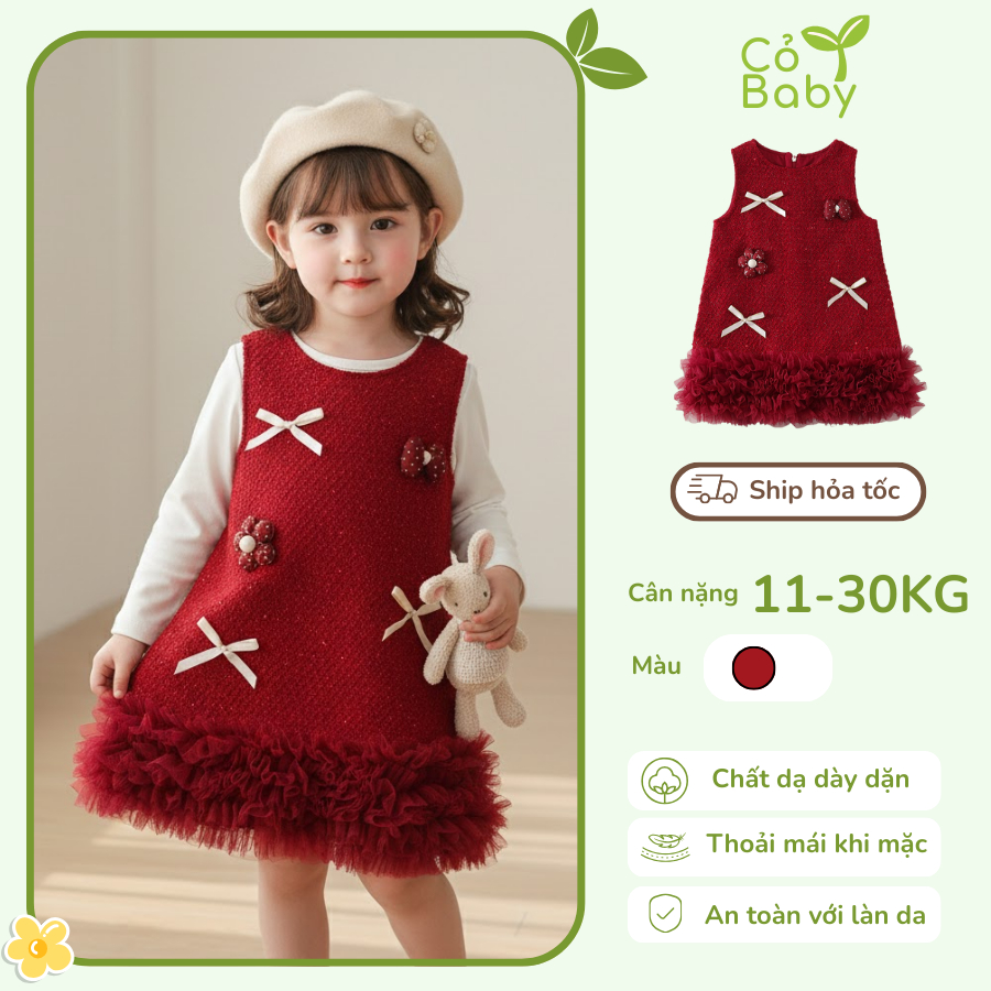 Yếm Dạ Đỏ Cho Bé Gái Cỏ Baby Phối Nơ Trắng & Tùng Voan Bồng Bềnh – Váy Tiểu Thư Xinh Xắn Mùa Đông - 