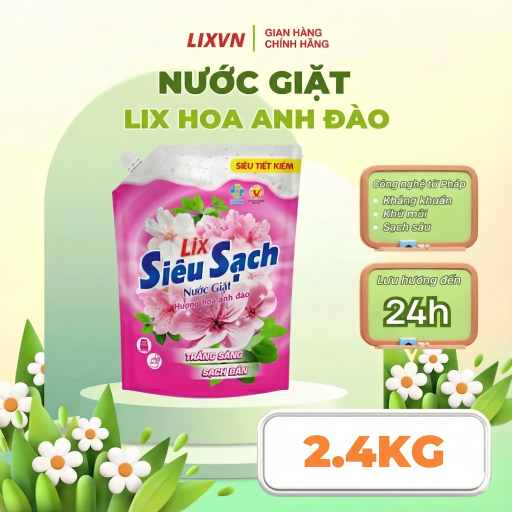 Nước giặt Lix Siêu Sạch Hương Hoa Anh Đào Túi 2.4kg - Trắng Sáng Sạch Bẩn Tiết Kiệm N2503 - LIXVN