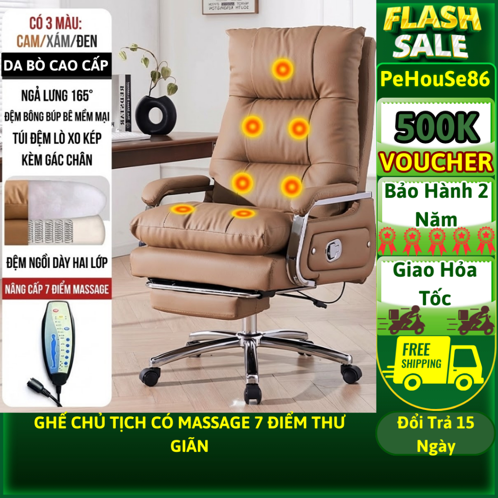Ghế xoay massage 7 điểm bọc da bò cao cấp đệm ngồi 2 lớp êm ái bảo hành 2 năm