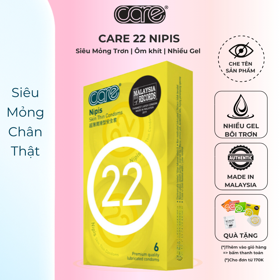 Bao Cao Su Siêu Mỏng CARE 22 Bcs Mỏng Nhiều Gel Bôi Trơn, Kéo Dài Thời Gian,Gân Gai Truyền Nhiệt Tốt