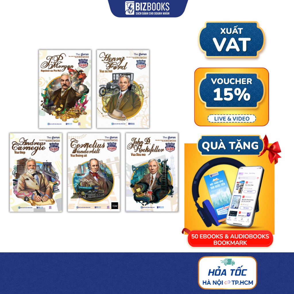 Bộ Sách 5 Cuốn Đại Tư Bản Mỹ: JP Morgan, Henry ford, Andrew carnegie, Cornelius Vanderbilt, John D. 