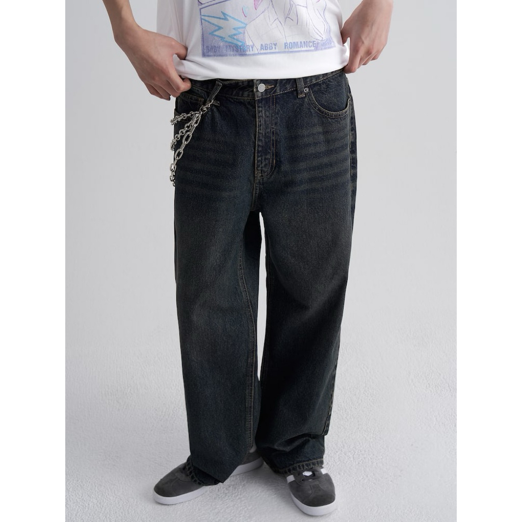 [SS25-8seconds] Quần jeans nam ống rộng xanh đậm