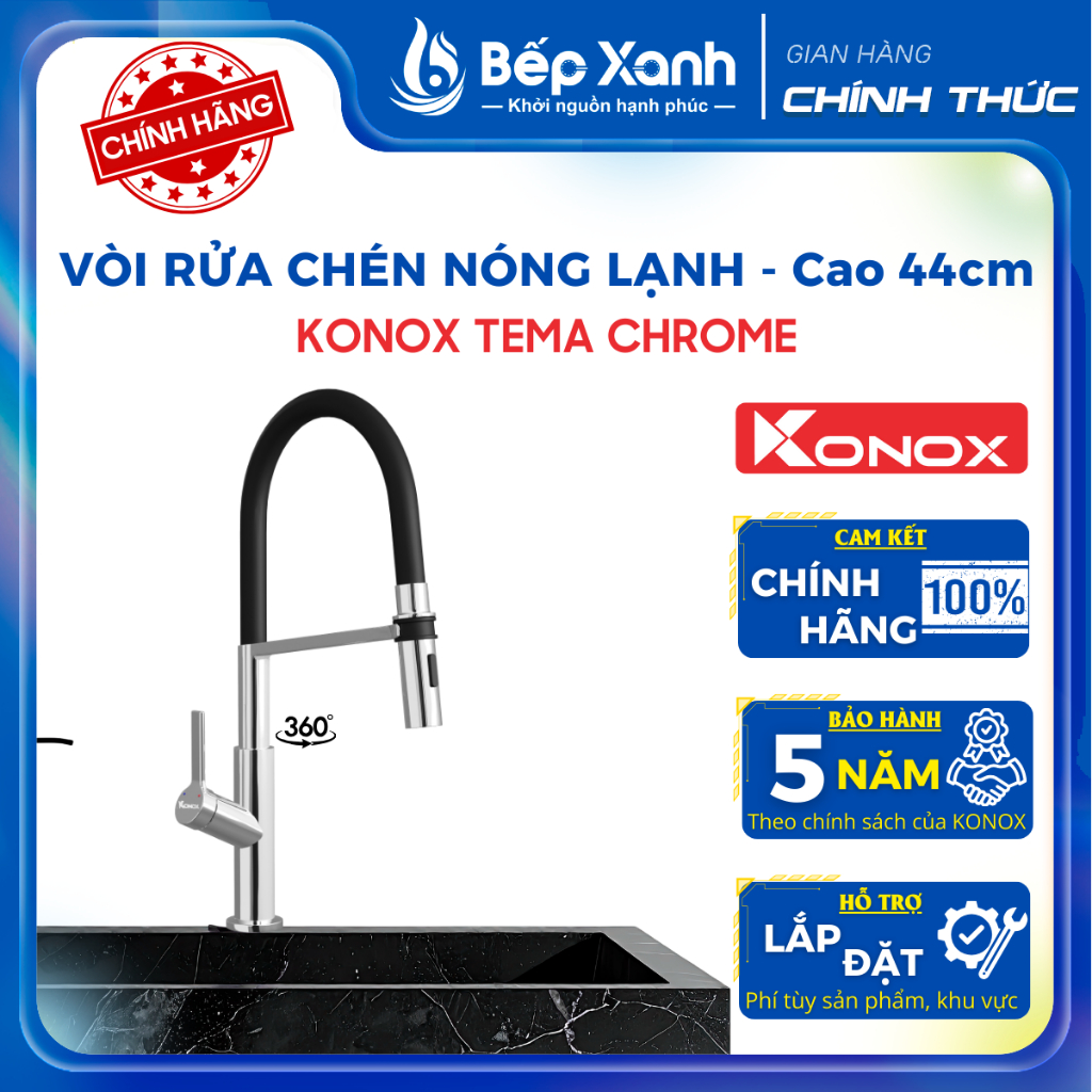 Vòi rửa chén nóng lạnh KONOX thân mềm Tema Chrome - Bảo hành chính hãng 5 năm