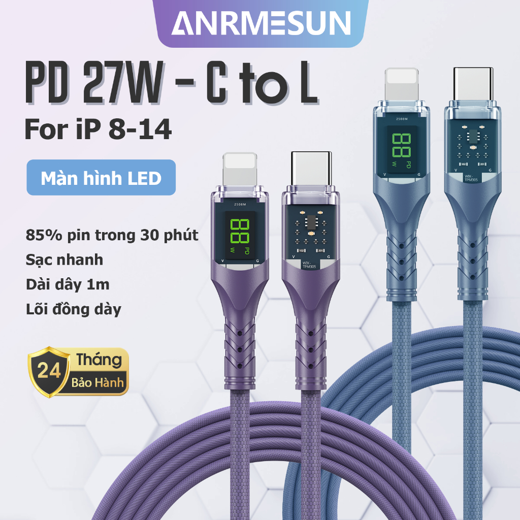 Dây Cáp Sạc Nhanh  ANRMESUN Type-C Sang L/Type-C 27W 100W Màn Hình Hiển Truyền dữ liệu 480Mbps 1m cho iP Samsung
