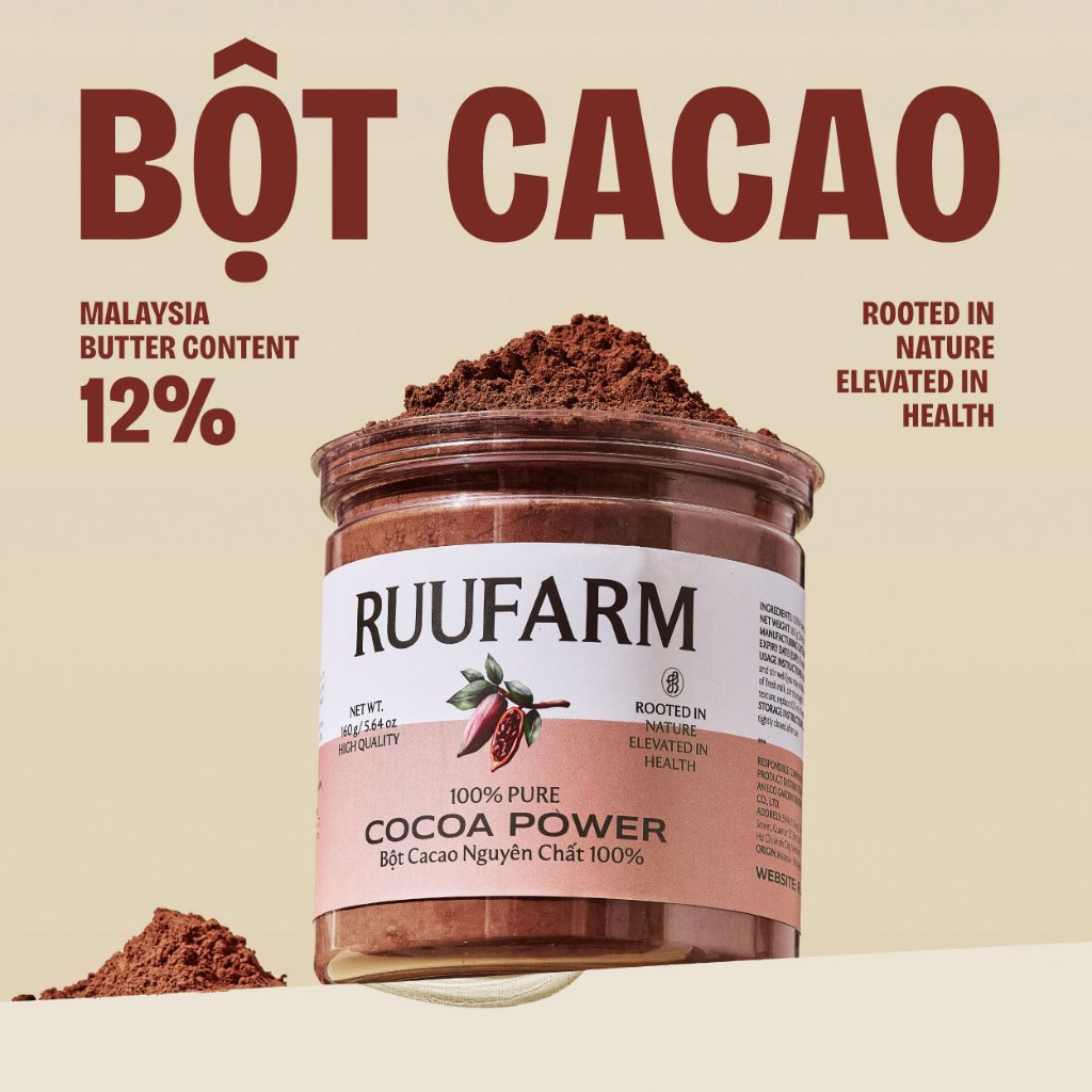 Bột Cacao Nguyên Chất 100% Ruufarm đậm vị không đường hộp 160g, 400g