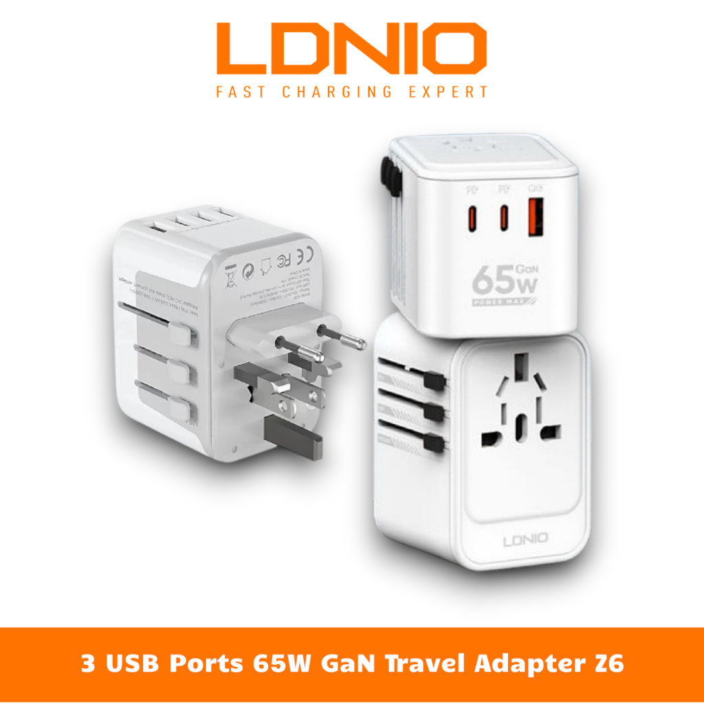 Ổ Cắm Điện Du Lịch Chuyển Đổi Đa Năng Tích Hợp Sạc Điện Thoại 65W Với 2Type-C+USB LDNIO Z6