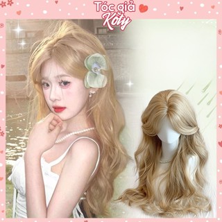  Tóc giả nữ xoăn sóng dài 60cm hai mái vàng thời trang tóc giả nguyên đầu tặng lưới trùm tiện lợi 