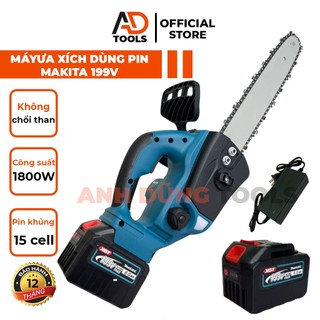  Máy cưa xích pin cầm tay KHÔNG CHỔI THAN MAKITA 199V pin 15cell máy cưa gỗ mạnh mẽ bảo hành 12 tháng 