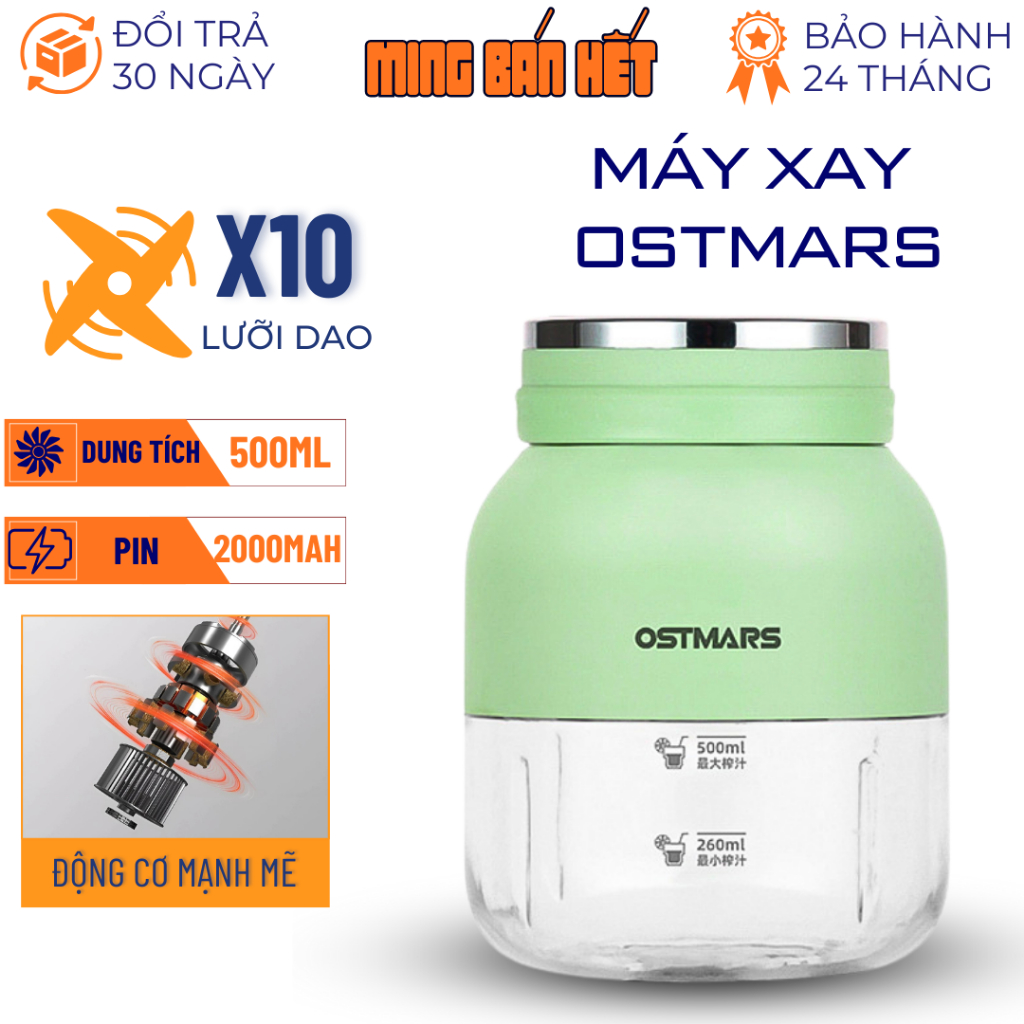 Máy Xay Sinh Tố Cầm Tay Mini OSTMARS Với 10 Lưỡi Dao Đa Năng Cối Nhựa Dung Tích 500ML.