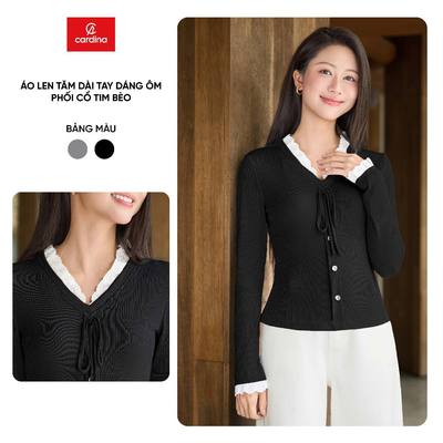 Áo len nữ CARDINA dài tay chất liệu len tăm dáng ôm phối cổ sen bèo 5ALD14