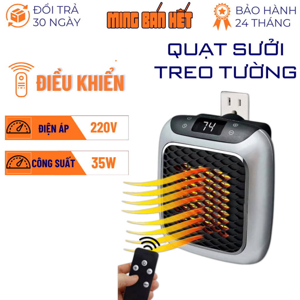 Máy Sưởi Mini Gắn Tường MINI Kèm Remote Điều Khiển Từ sa, Quạt Sưởi Mini ấm áp