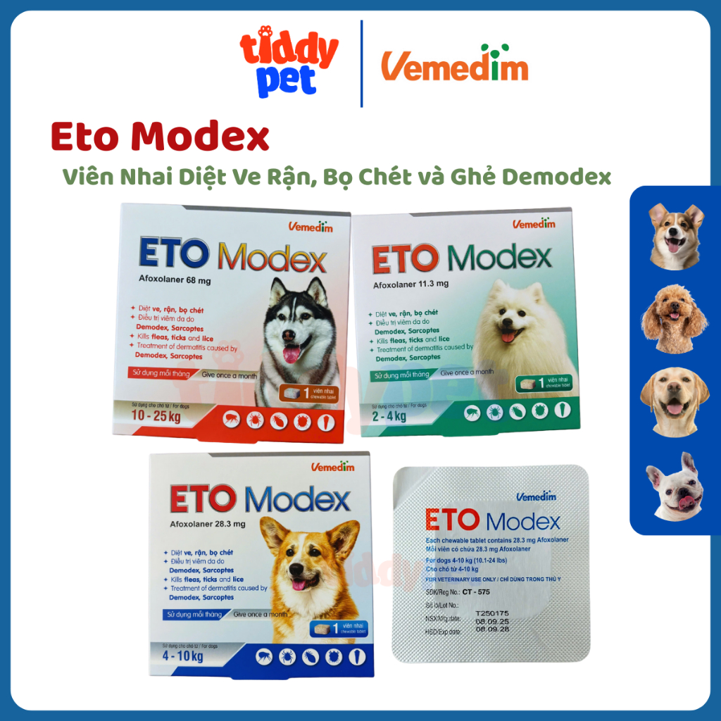 ETO Modex Viên Nhai Diệt Ve, Rận, Bọ Chét, Viêm Da Do Demodex, Sarcoptes Cho Chó