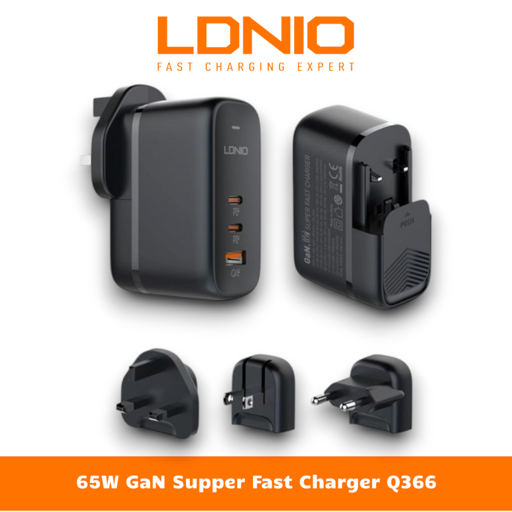 Cục Sạc GaN Laptop/Điện Thoại 65W Với 2Type-C+USB LDNIO Q366 - Kèm Cáp Sạc Và Đầu Đổi AC Đa Năng