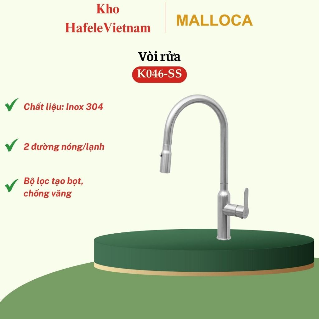 Vòi rửa chén Malloca K046-SS có dây rút - Vòi Rửa Chén Nóng Lạnh, Thiết Kế Hiện Đại