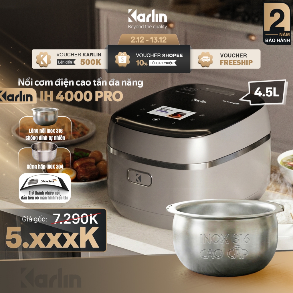 Nồi Cơm Điện Cao Tần Karlin IH4000 Pro, Lòng Nồi Inox 316 An Toàn, Công Nghệ Tách Đường Thông Minh