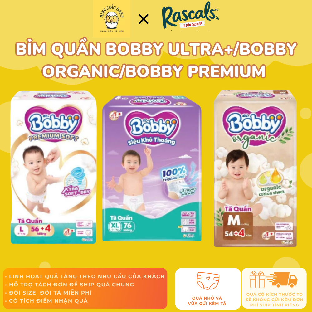 [TẶNG 1 KHĂN ƯỚT]Tã Bỉm quần Bobby Ultra+/Bobby Organic/Bobby Premium cao cấp đủ size cho bé M L XL(