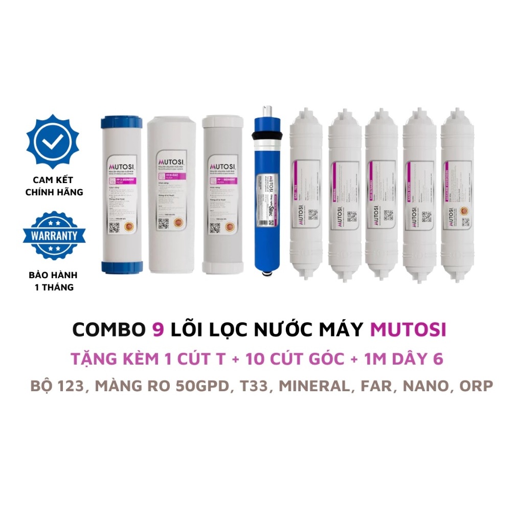 Bộ 9 lõi lọc nước Mutosi chính hãng dùng cho máy lọc nước RO 9 cấp lọc (123, RO, T33, Min, Far, Nano