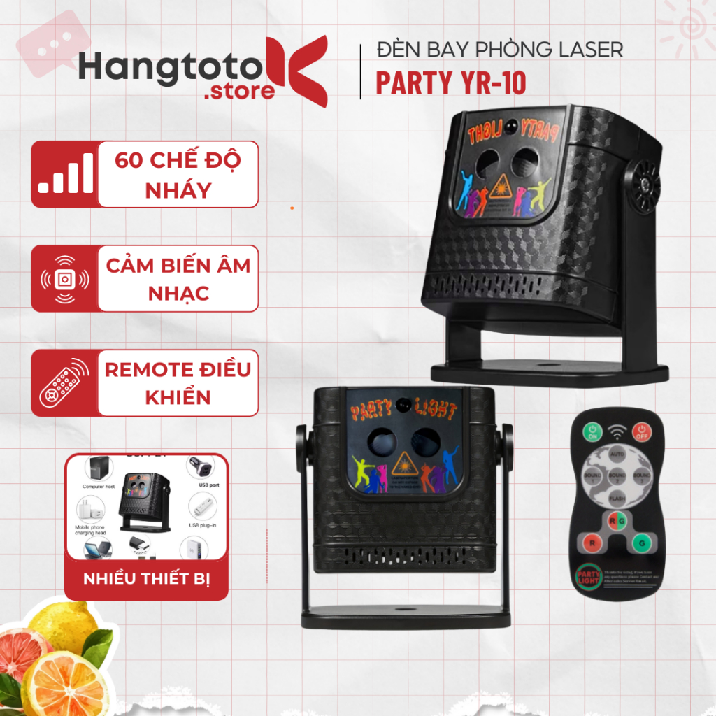  Đèn Laser Party Light YR-10 Cảm Ứng Nhạc 60 Chế Độ Bay Phòng Kèm Remote USB Tiện Dụng 