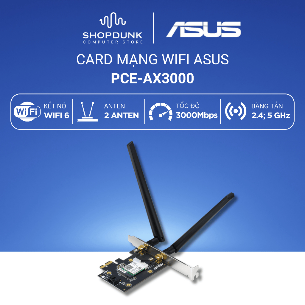 ASUS PCE-AX3000 Adapter PCI-E không dây AX3000, WiFi 6, 2 băng tần, Bluetooth 5.0, MU-MIMO