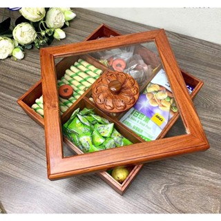  Khay đựng mứt tết hộp đựng bánh kẹo vuông nắp kính chất liệu gỗ hương đá bền đẹp sang trọng 