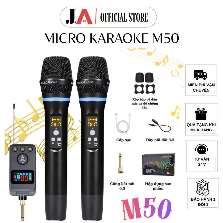 Micro Karaoke Không Dây M50, Mic Cầm Tay và Đầu Thu Bluetooth 5.0 l,mm Chống Hú, Bắt Âm Nhạy, Phù Hợ