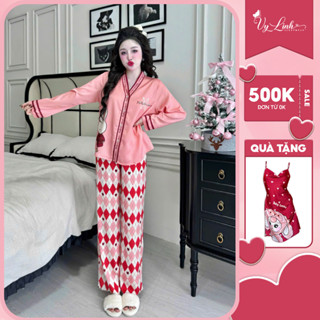  Set đồ ngủ tay dài cổ Y Vy Linh họa tiết giáng sinh chất liệu lụa latin thoáng mát thấm hút mồ hôi tốt S1081 Noel 