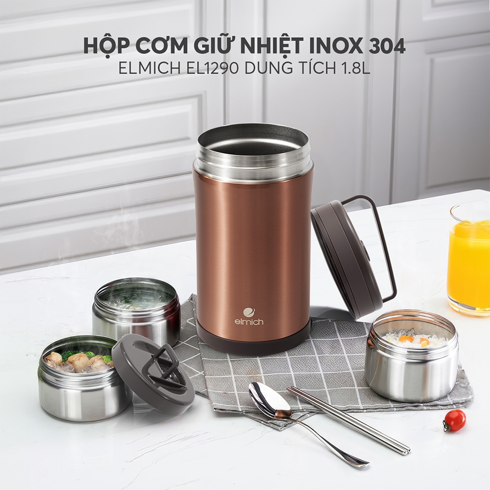 Hộp Cơm Giữ Nhiệt Elmich EL-8302 / EL-1290 – 3 Ngăn Inox 304, Giữ Nhiệt Lâu, Kèm Túi Đựng Tiện Lợi