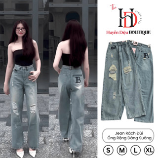 Quần Jean Nữ Suông Ống Rộng Rách Đùi Thêu Chữ B Bigsize Hack Dáng Ôm Eo - J788 - HD Boutique 